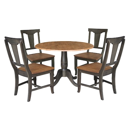 International Concepts Round Round 42 in. Dual Drop Leaf Dining Table with 4 Panel Back Chairs in Hickory/Washed Coal K45-42DPT-C110-4